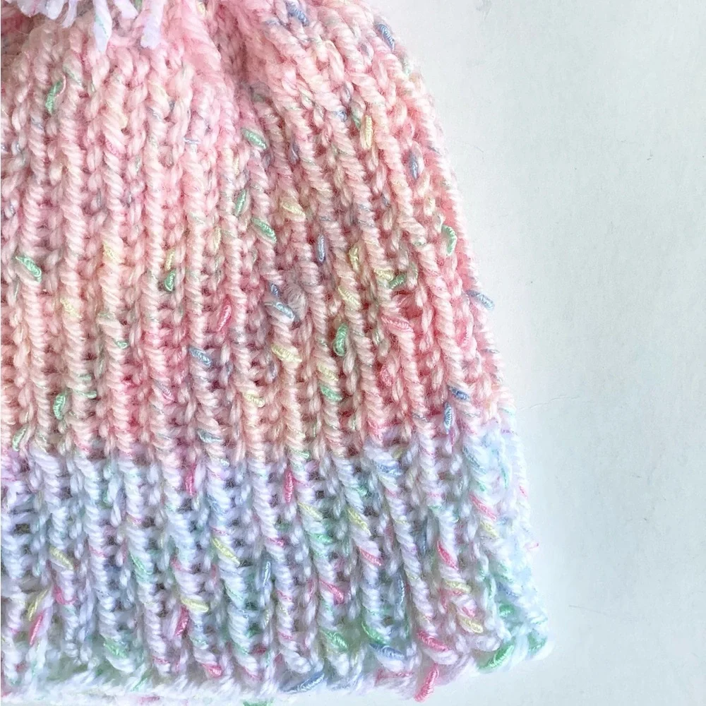 Beanie Pom Pom Hand Crafted Pastel Knit Pink White
